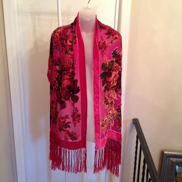 Aris A Silk Velvet Pink Floral Tassel Edge Shawl Wrap Scarf - Picture 1 of 11